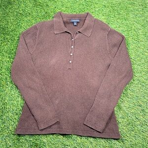 Y2K Lands’ End Brown Ribbed Polo Sweater Women’s L 14–16 Preppy 2000s